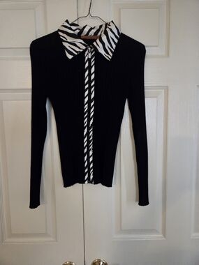Belldini Black Ribbed Sweater with Black-and-White Zebra Trim - Sz Med